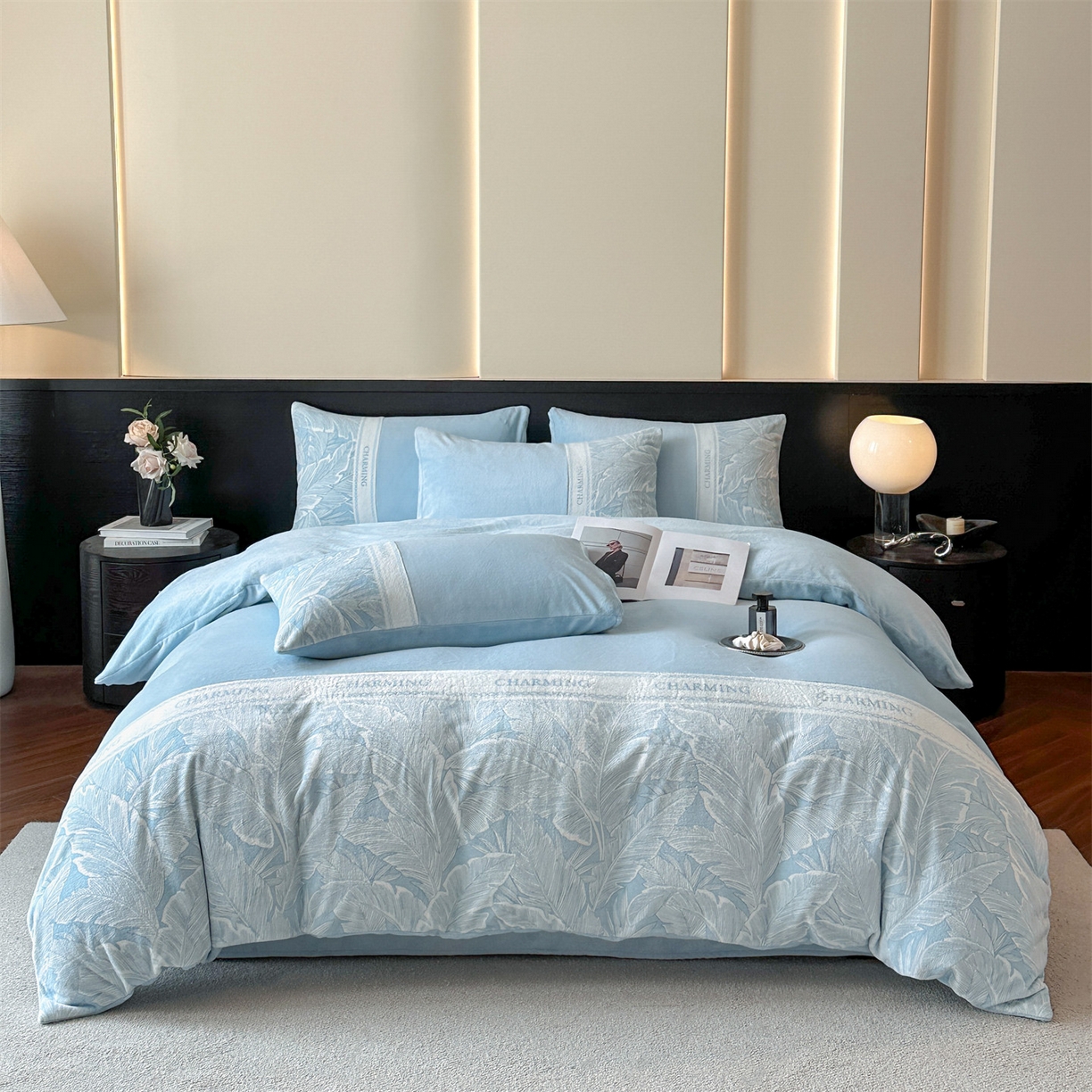 91家纺网 家纺一手货源 找家纺 梦幻之城 2025新款牛奶绒刺绣款四件套-苏缦 天空蓝