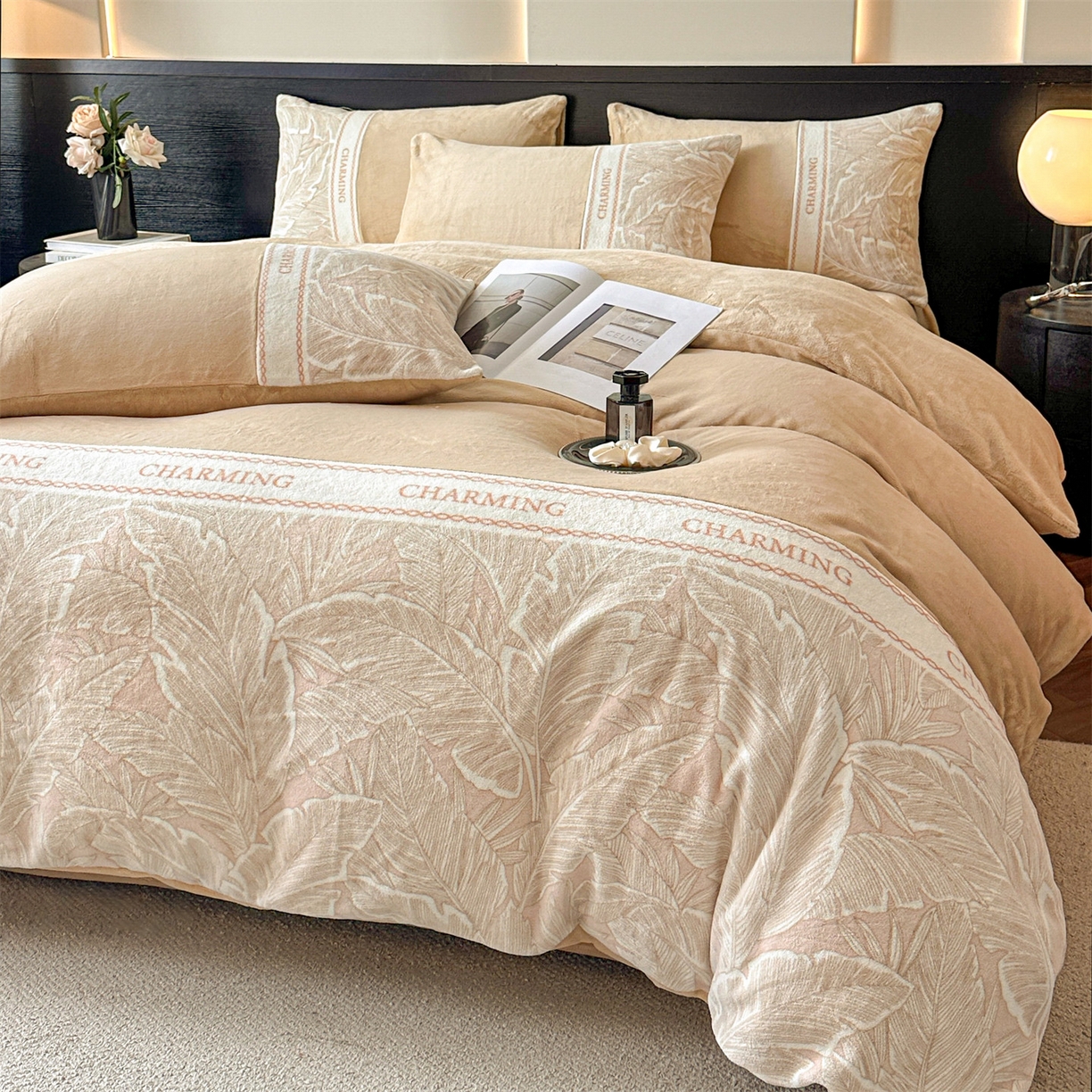 91家纺网 家纺一手货源 找家纺 梦幻之城 2025新款牛奶绒刺绣款四件套-苏缦 香槟色