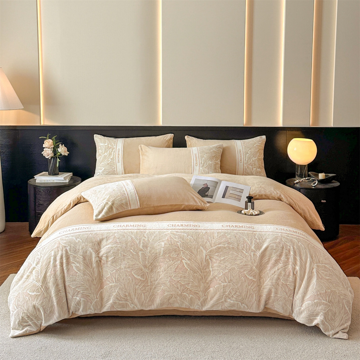 91家纺网 家纺一手货源 找家纺 梦幻之城 2025新款牛奶绒刺绣款四件套-苏缦 香槟色