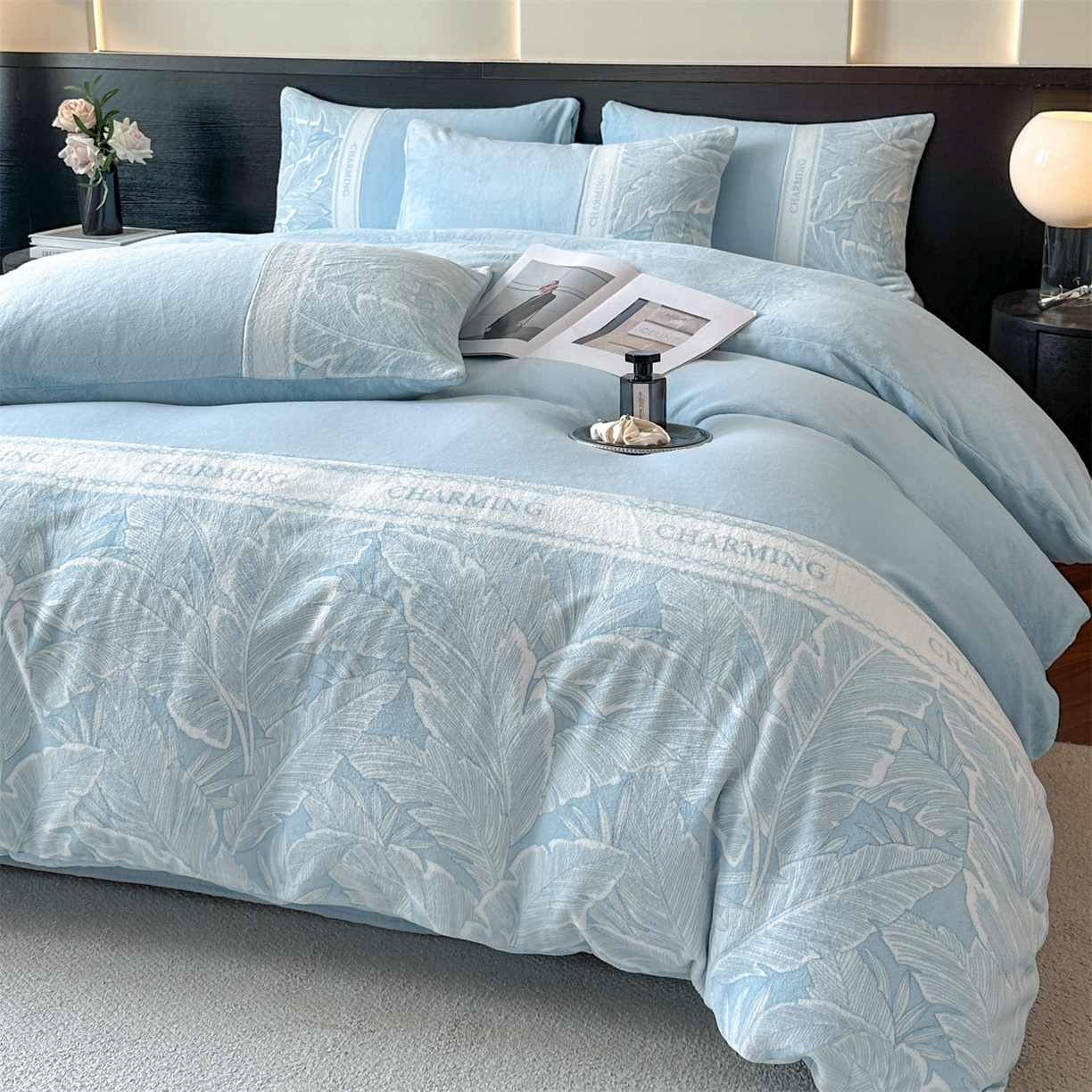 91家纺网 家纺一手货源 找家纺 梦幻之城 2025新款牛奶绒刺绣款四件套-苏缦 天空蓝