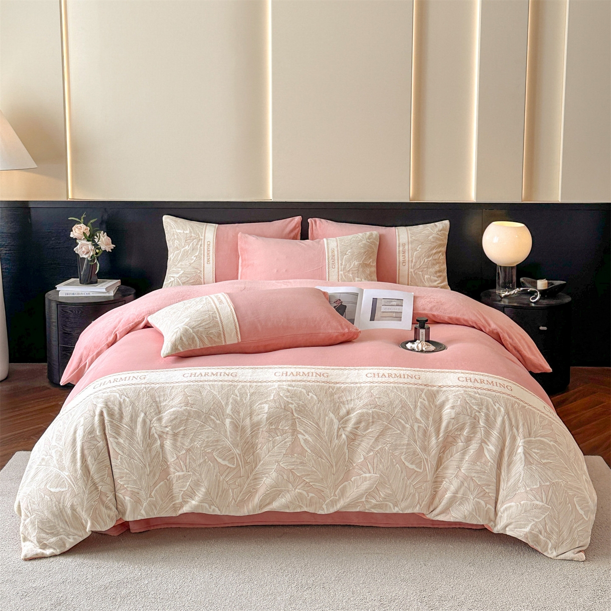 91家纺网 家纺一手货源 找家纺 梦幻之城 2025新款牛奶绒刺绣款四件套-苏缦 苏缦-橙意粉