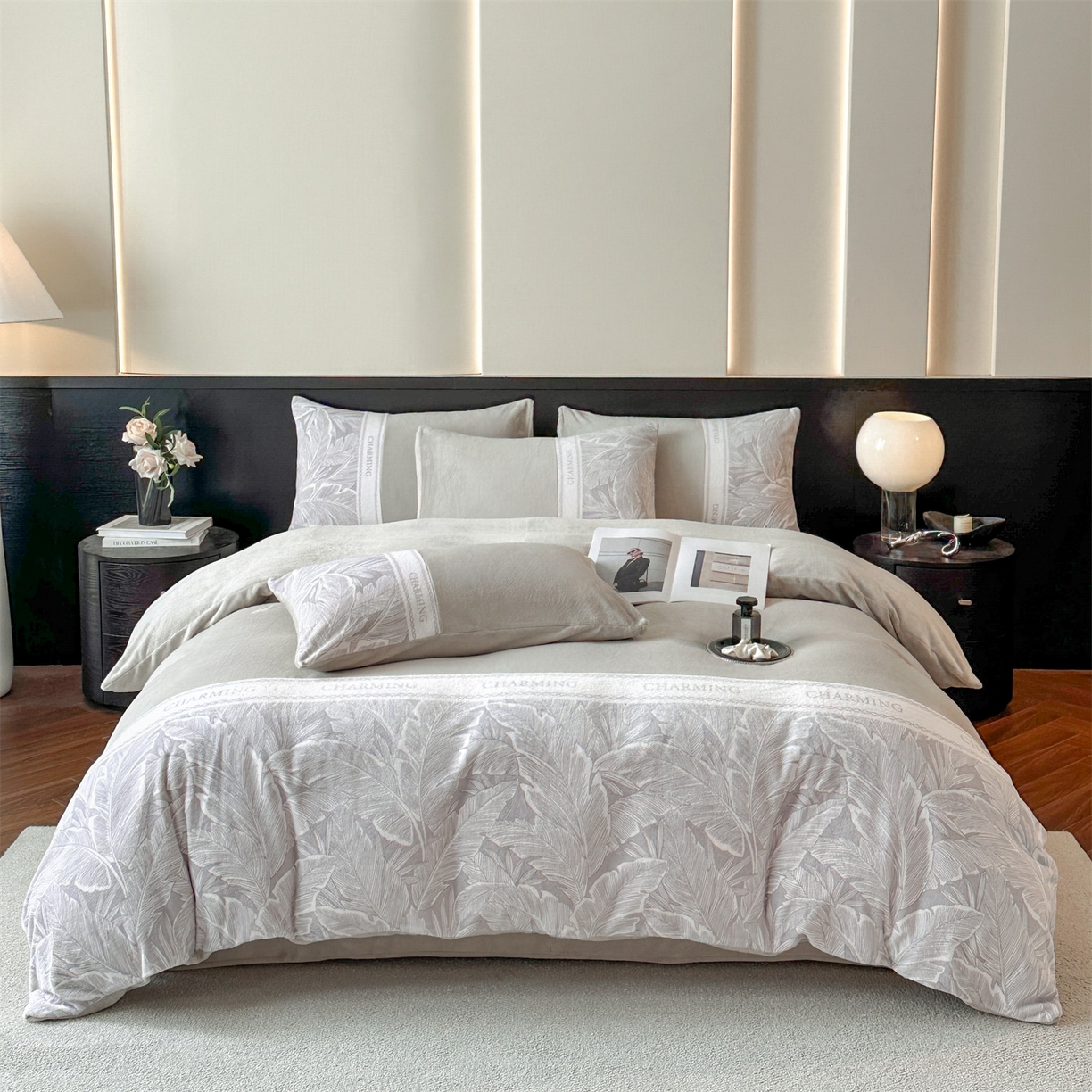 91家纺网 家纺一手货源 找家纺 梦幻之城 2025新款牛奶绒刺绣款四件套-苏缦 香草灰