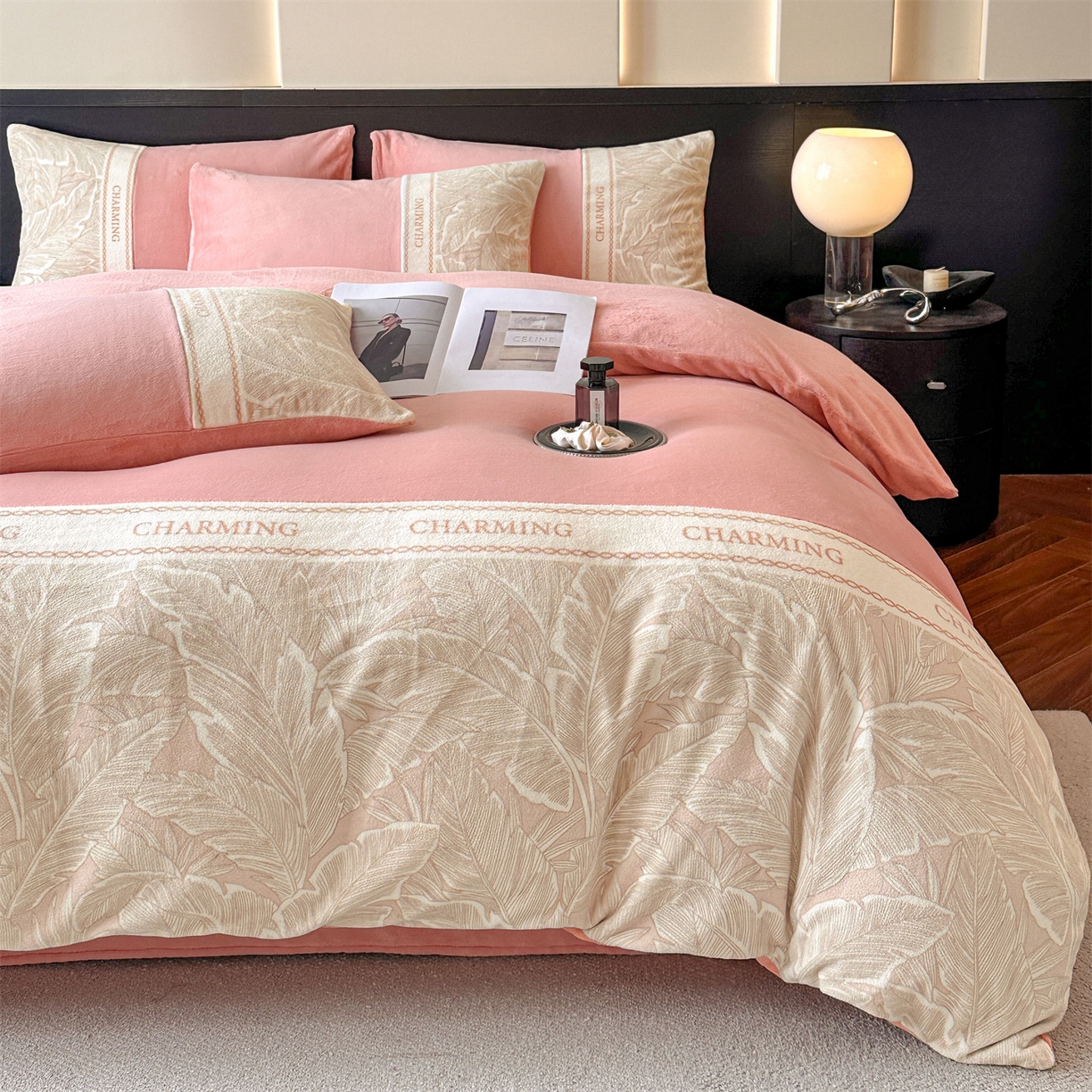 91家纺网 家纺一手货源 找家纺 梦幻之城 2025新款牛奶绒刺绣款四件套-苏缦 苏缦-橙意粉