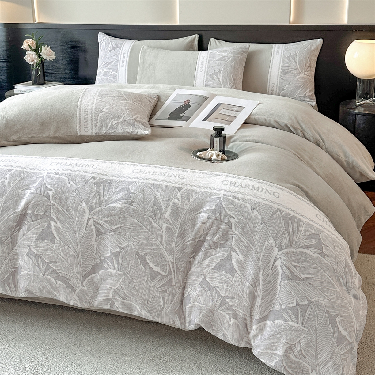 91家纺网 家纺一手货源 找家纺 梦幻之城 2025新款牛奶绒刺绣款四件套-苏缦 香草灰