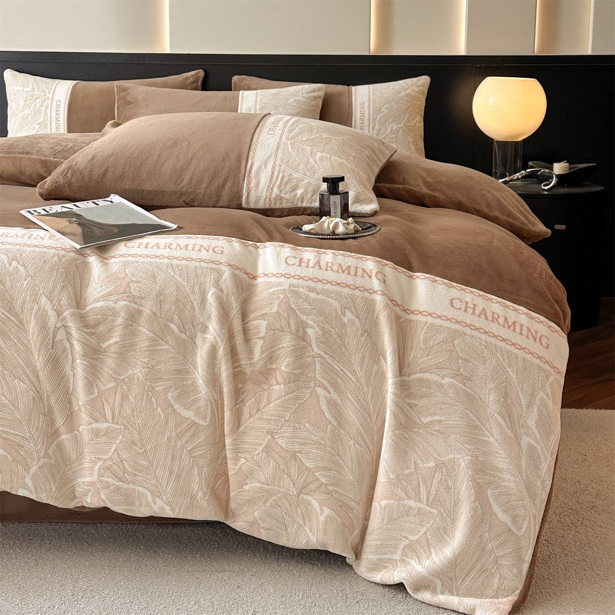 91家纺网 家纺一手货源 找家纺 梦幻之城 2025新款牛奶绒刺绣款四件套-苏缦 摩卡棕