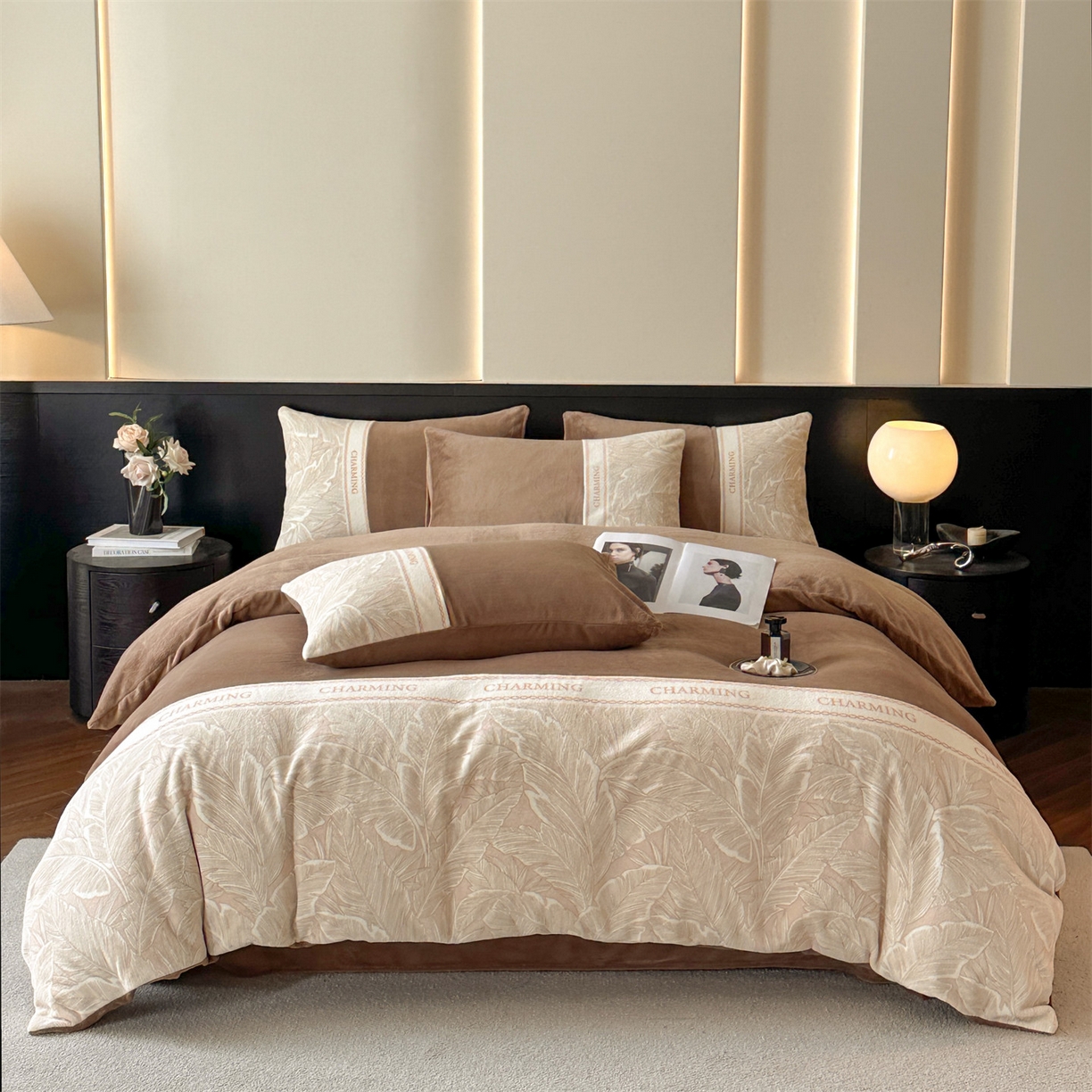 91家纺网 家纺一手货源 找家纺 梦幻之城 2025新款牛奶绒刺绣款四件套-苏缦 摩卡棕