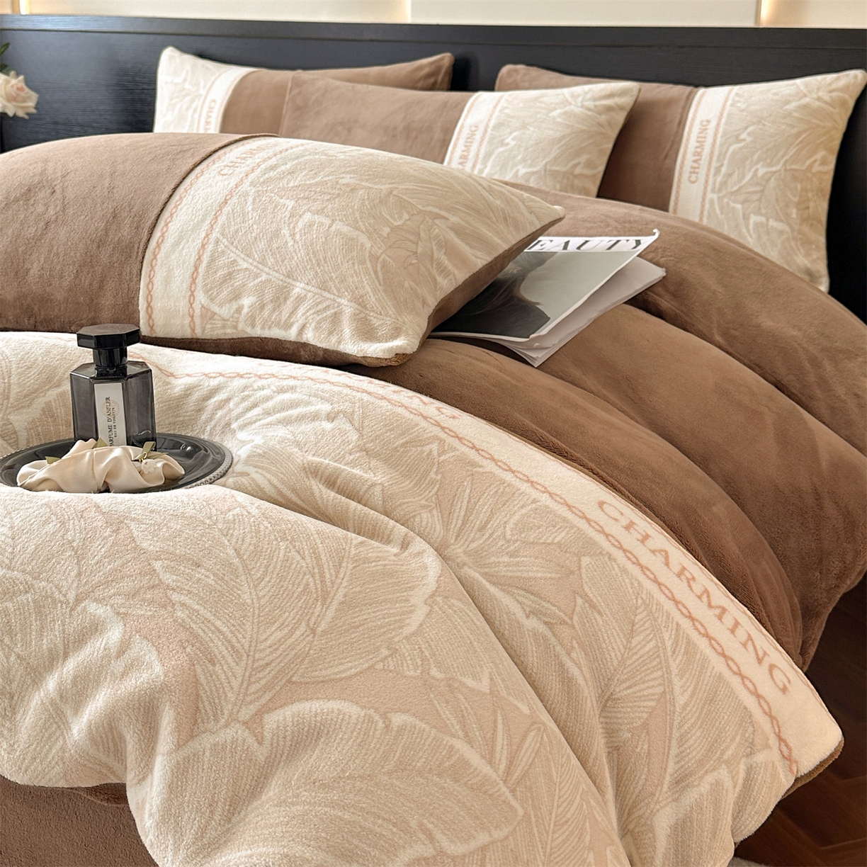 梦幻之城 2025新款牛奶绒刺绣款四件套-苏缦 摩卡棕