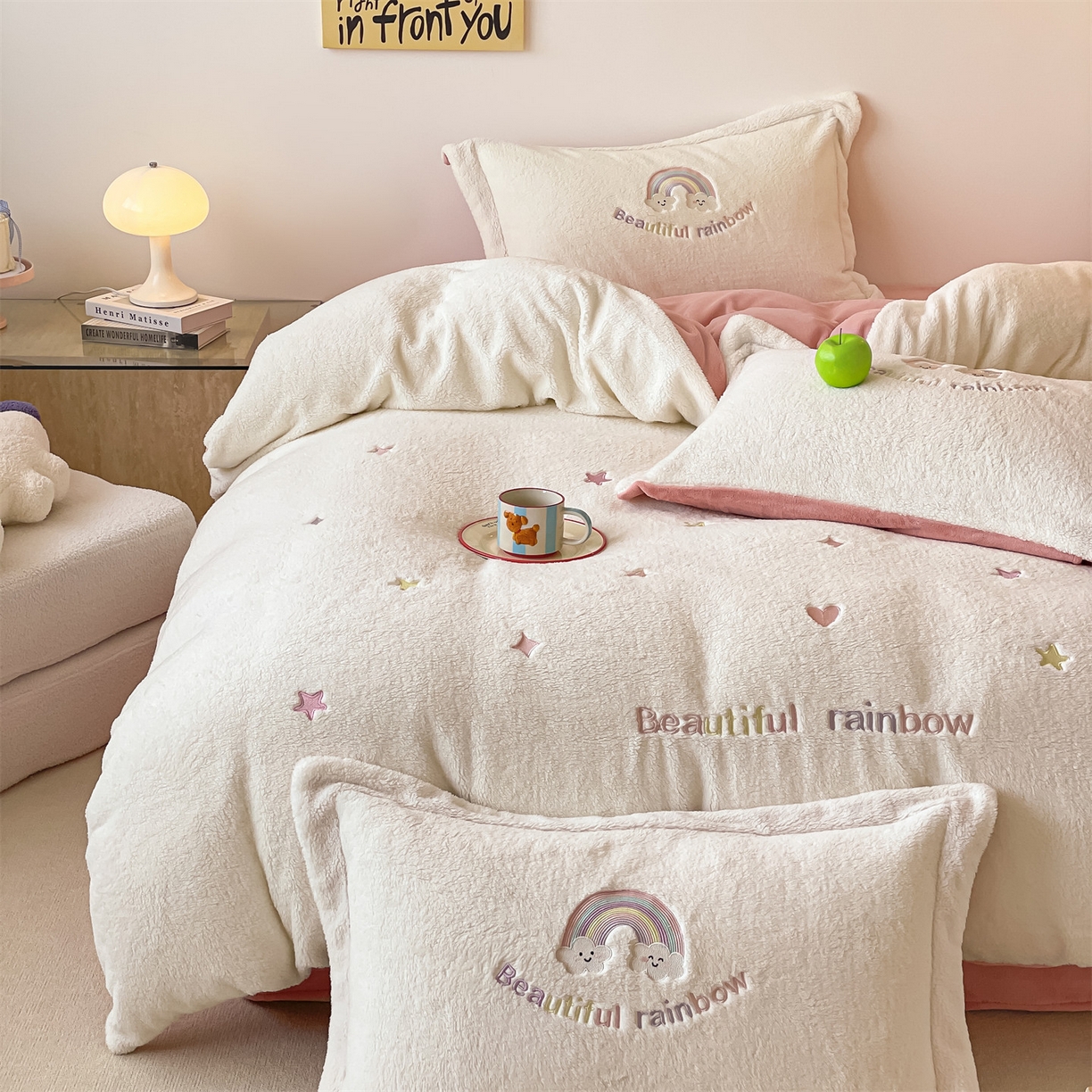 梦幻之城 2025新款牛奶绒四件套洛可可-朵绒系列 彩虹-奶白+橙意粉