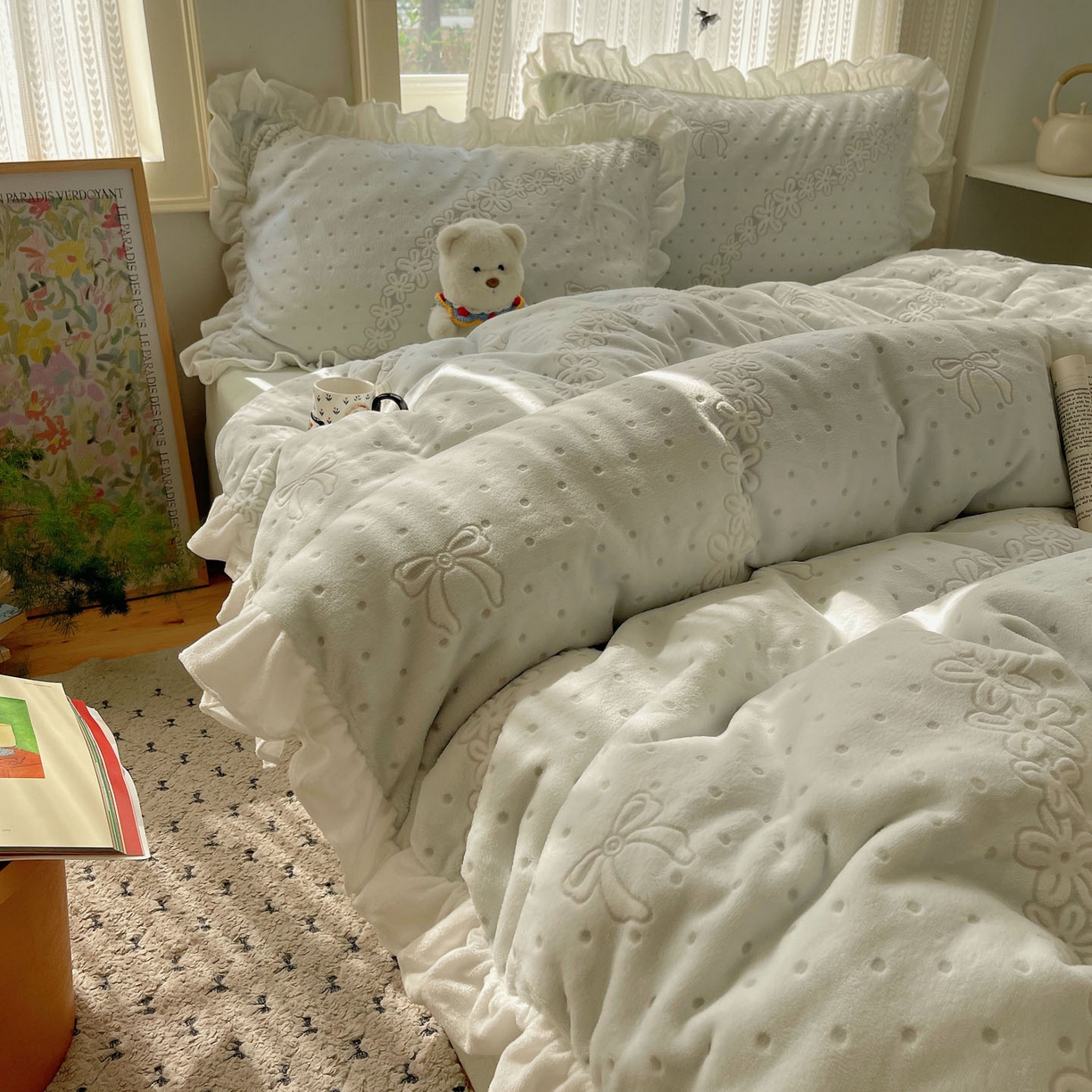 91家纺网 家纺一手货源 找家纺 （总）三朵家纺 2025新款韩系花边雕花绒牛奶绒法莱绒四件套