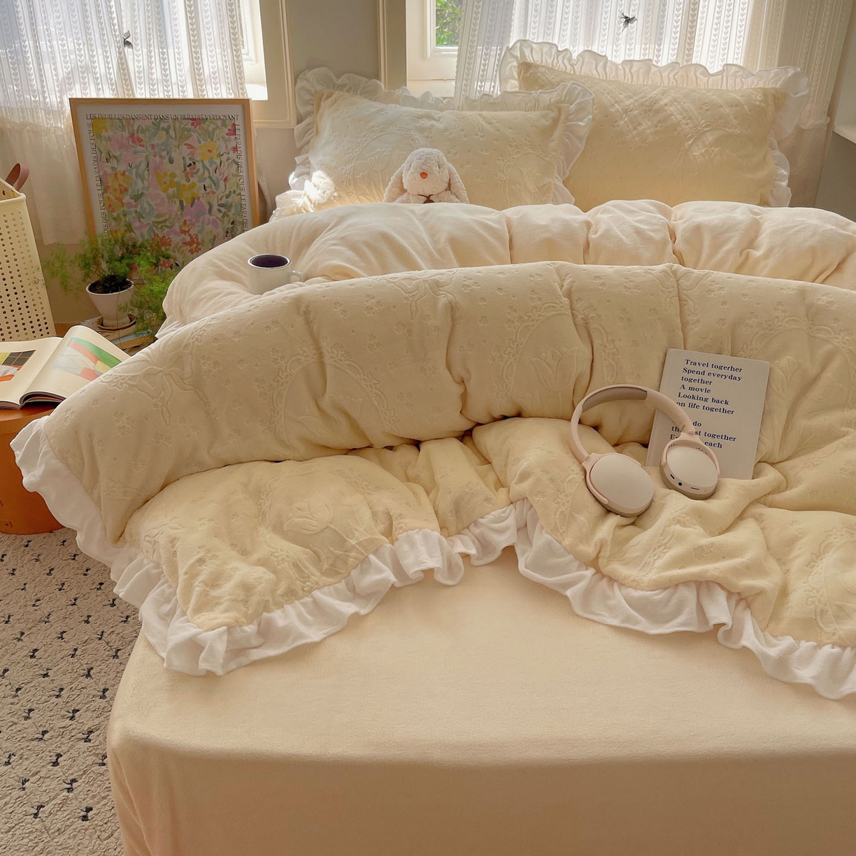 91家纺网 家纺一手货源 找家纺 三朵家纺 2025新款韩系花边雕花绒牛奶绒法莱绒四件套 屋顶花园-黄