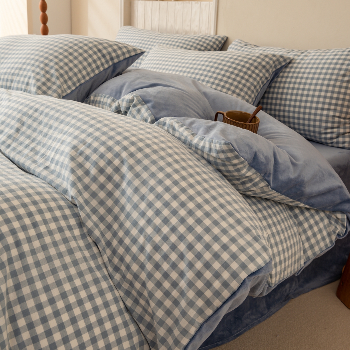 91家纺网 家纺一手货源 找家纺 雯雨家纺 2025新款一面全棉一面牛奶绒可拆洗冬被被子被芯春秋被被子被芯 棉绒-蓝小格