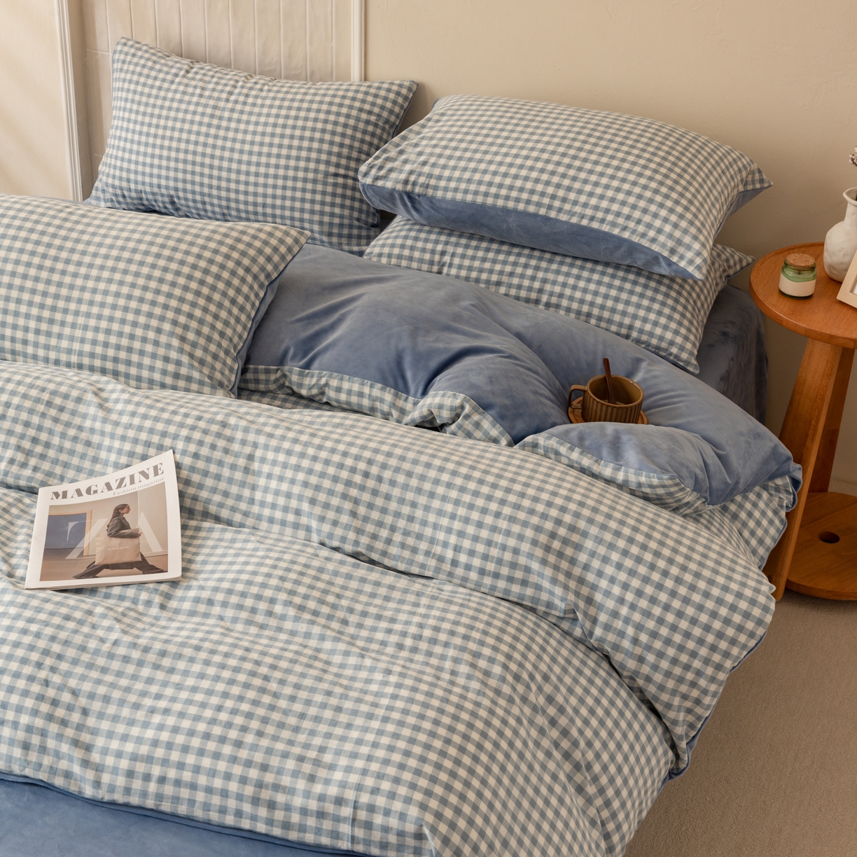 91家纺网 家纺一手货源 找家纺 雯雨家纺 2025新款一面全棉一面牛奶绒可拆洗冬被被子被芯春秋被被子被芯 棉绒-蓝小格