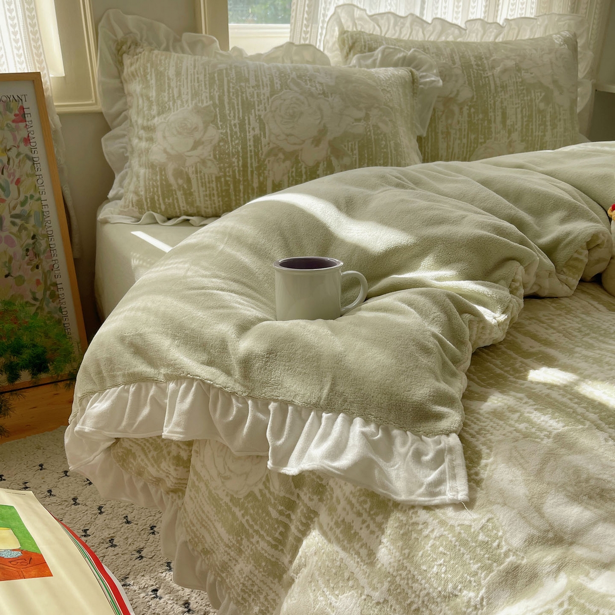 91家纺网 家纺一手货源 找家纺 三朵家纺 2025新款韩系花边雕花绒牛奶绒法莱绒四件套 绿野仙踪