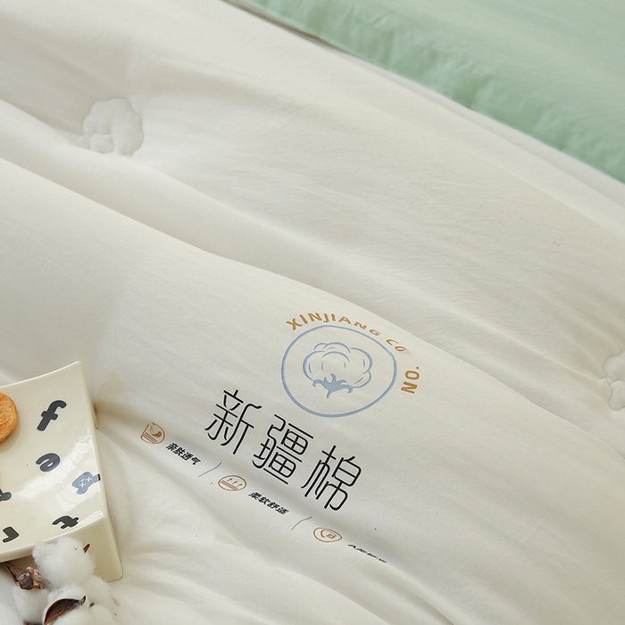 91家纺网 家纺一手货源 找家纺 爱诗诺家纺 2025新款拼色无印风新疆棉花被春秋被夏被四季被被子被芯 白+绿