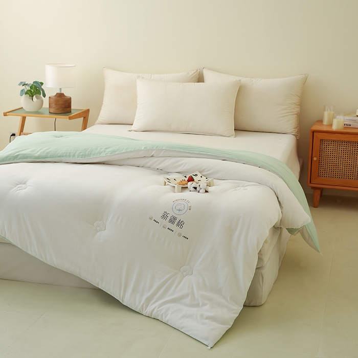 91家纺网 家纺一手货源 找家纺 爱诗诺家纺 2025新款拼色无印风新疆棉花被春秋被夏被四季被被子被芯 白+绿