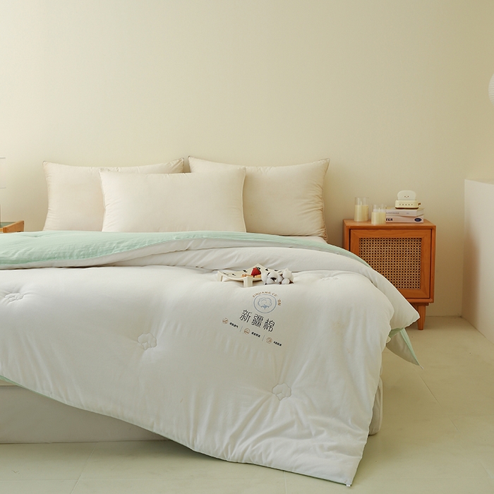 91家纺网 家纺一手货源 找家纺 爱诗诺家纺 2025新款拼色无印风新疆棉花被春秋被夏被四季被被子被芯 白+绿