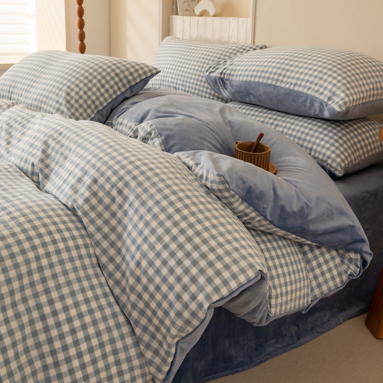 91家纺网 家纺一手货源 找家纺 雯雨家纺 2025新款一面全棉一面牛奶绒可拆洗冬被被子被芯春秋被被子被芯 棉绒-蓝小格