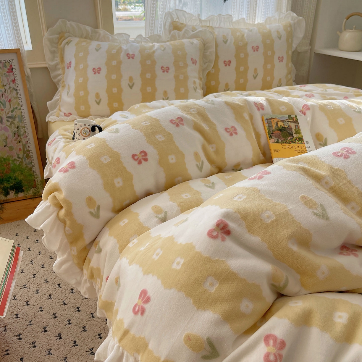 三朵家纺 2025新款韩系花边雕花绒牛奶绒法莱绒四件套 恋花小经黄