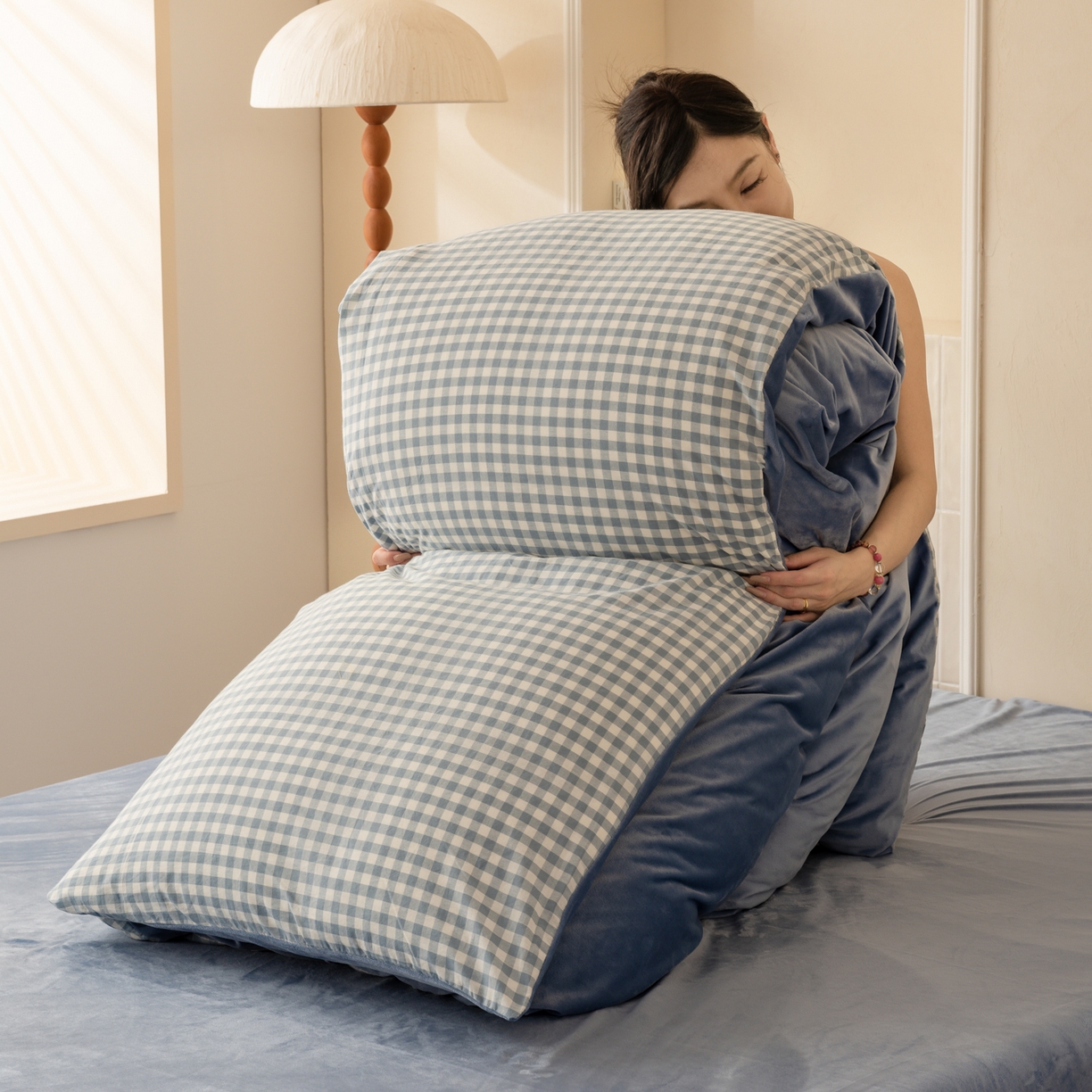 雯雨家纺 2025新款一面全棉一面牛奶绒可拆洗冬被被子被芯春秋被被子被芯 棉绒-蓝小格