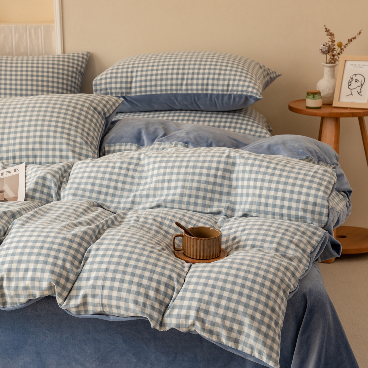 91家纺网 家纺一手货源 找家纺 雯雨家纺 2025新款一面全棉一面牛奶绒可拆洗冬被被子被芯春秋被被子被芯 棉绒-蓝小格