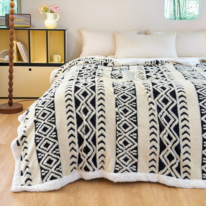 91家纺网 家纺一手货源 找家纺 卡琪曼 2025新款阳离子提花羊羔绒毛毯盖毯毯子 米白