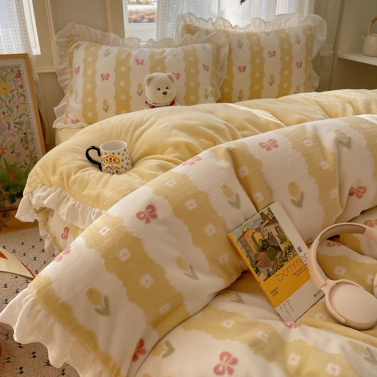 91家纺网 家纺一手货源 找家纺 三朵家纺 2025新款韩系花边雕花绒牛奶绒法莱绒四件套 恋花小经黄