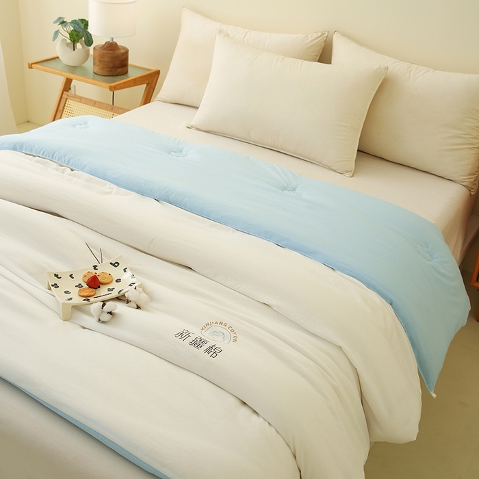 91家纺网 家纺一手货源 找家纺 爱诗诺家纺 2025新款拼色无印风新疆棉花被春秋被夏被四季被被子被芯 白+蓝