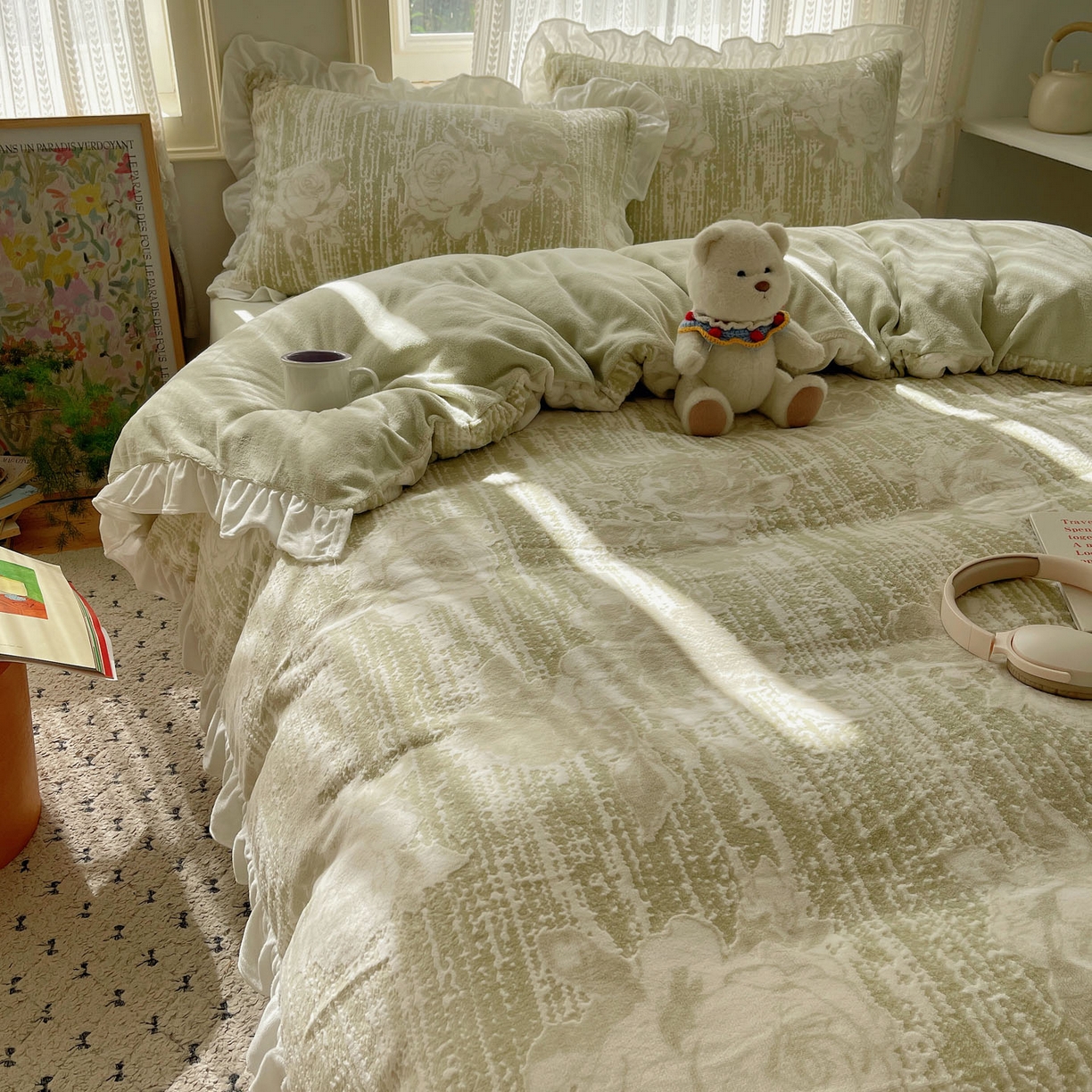 91家纺网 家纺一手货源 找家纺 三朵家纺 2025新款韩系花边雕花绒牛奶绒法莱绒四件套 绿野仙踪