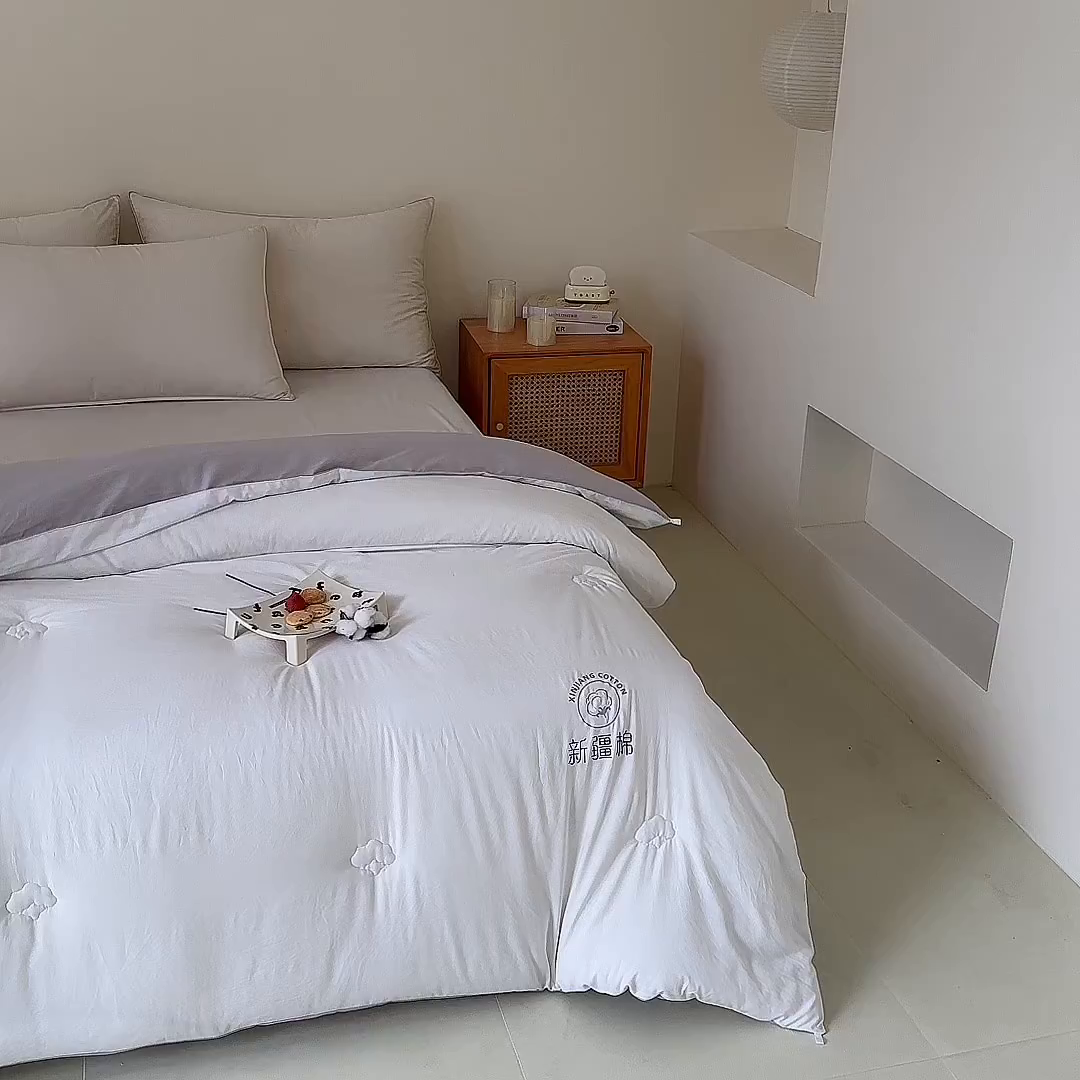 91家纺网 家纺一手货源 找家纺 爱诗诺家纺 2025新款拼色无印风新疆棉花被春秋被夏被四季被被子被芯 白+灰