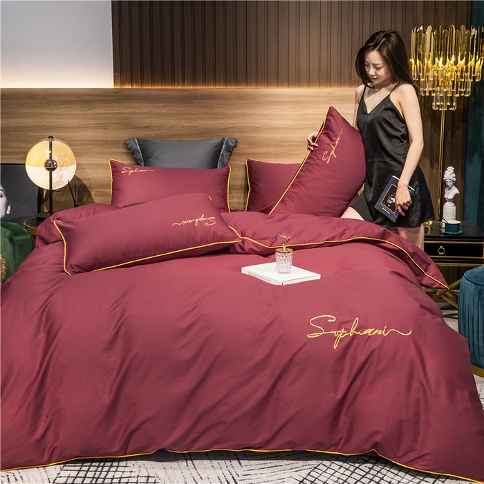 91家纺网 家纺一手货源 找家纺 小叮当家纺仓储工厂店 2025新款(热买家秀不断货)40s贡缎长绒棉纯棉字母款全棉四件套轻奢床上用品 紫嫣红