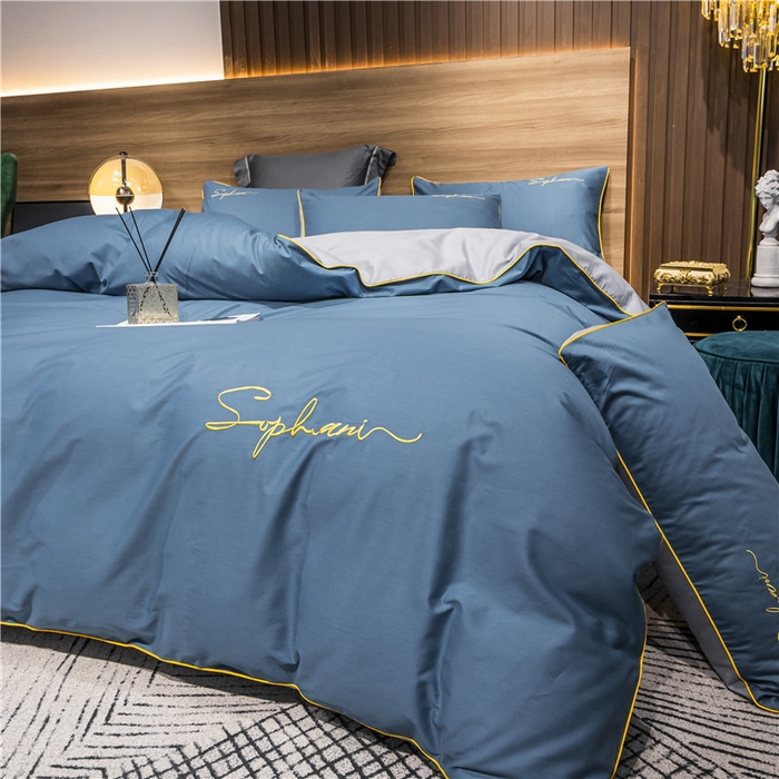 91家纺网 家纺一手货源 找家纺 小叮当家纺仓储工厂店 2025新款(热买家秀不断货)40s贡缎长绒棉纯棉字母款全棉四件套轻奢床上用品 宝兰配浅灰