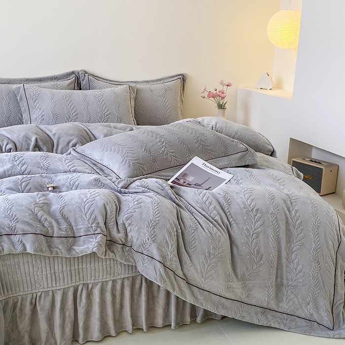 美伦美焕 2025新款加厚雕花绒床盖款四件套-浅叶 浅叶-绅士灰