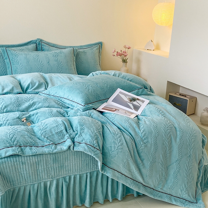 美伦美焕 2025新款加厚雕花绒床盖款四件套-浅叶 浅叶-蔚蓝