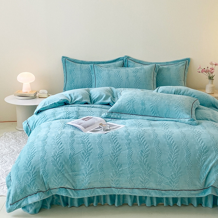 91家纺网 家纺一手货源 找家纺 美伦美焕 2025新款加厚雕花绒床盖款四件套-浅叶 浅叶-蔚蓝