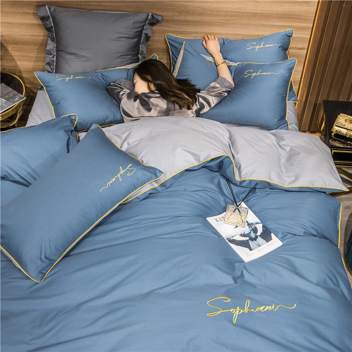 91家纺网 家纺一手货源 找家纺 小叮当家纺仓储工厂店 2025新款(热买家秀不断货)40s贡缎长绒棉纯棉字母款全棉四件套轻奢床上用品 宝兰配浅灰