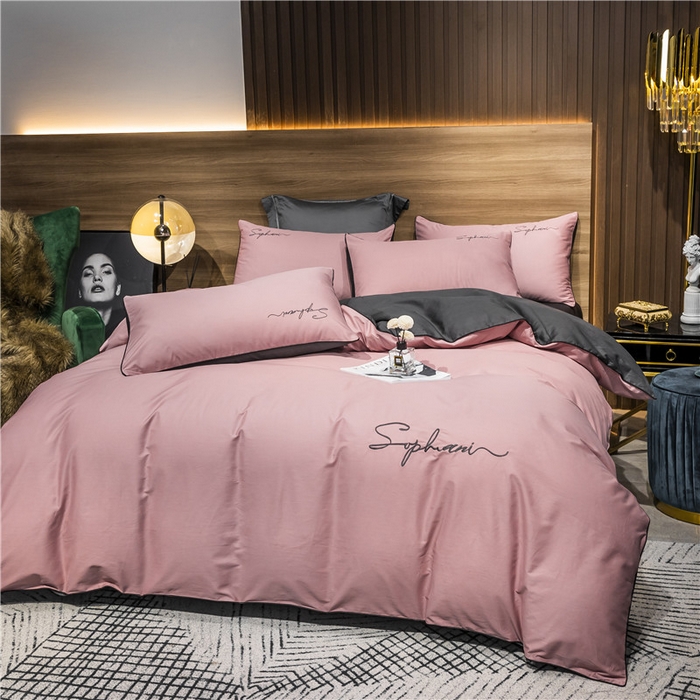 91家纺网 家纺一手货源 找家纺 小叮当家纺仓储工厂店 2025新款(热买家秀不断货)40s贡缎长绒棉纯棉字母款全棉四件套轻奢床上用品 豆沙帝灰