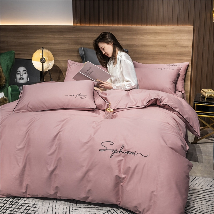 91家纺网 家纺一手货源 找家纺 小叮当家纺仓储工厂店 2025新款(热买家秀不断货)40s贡缎长绒棉纯棉字母款全棉四件套轻奢床上用品 豆沙色