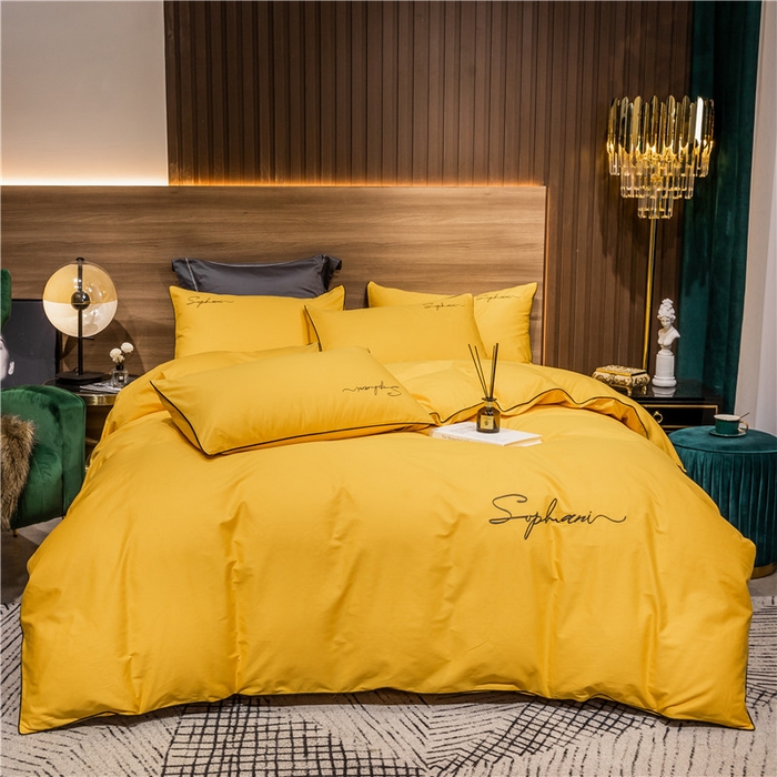 91家纺网 家纺一手货源 找家纺 小叮当家纺仓储工厂店 2025新款(热买家秀不断货)40s贡缎长绒棉纯棉字母款全棉四件套轻奢床上用品 姜黄