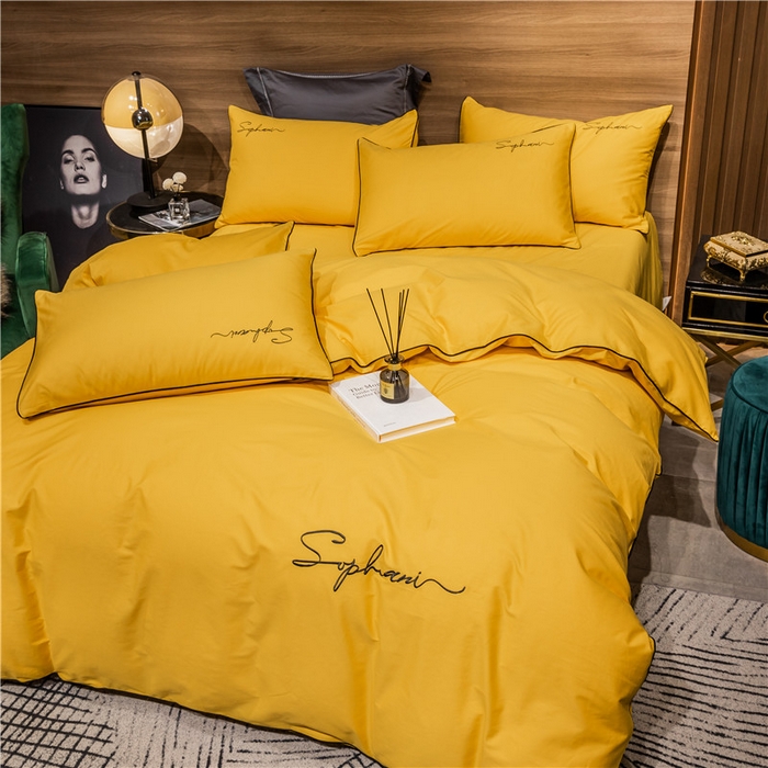 91家纺网 家纺一手货源 找家纺 小叮当家纺仓储工厂店 2025新款(热买家秀不断货)40s贡缎长绒棉纯棉字母款全棉四件套轻奢床上用品 姜黄