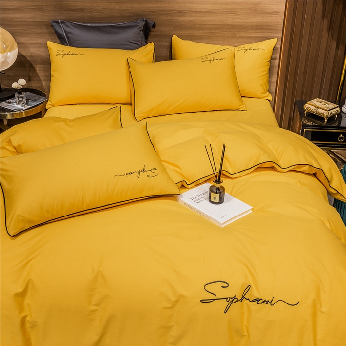 91家纺网 家纺一手货源 找家纺 小叮当家纺仓储工厂店 2025新款(热买家秀不断货)40s贡缎长绒棉纯棉字母款全棉四件套轻奢床上用品 姜黄