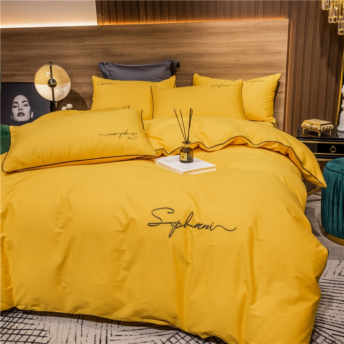 91家纺网 家纺一手货源 找家纺 小叮当家纺仓储工厂店 2025新款(热买家秀不断货)40s贡缎长绒棉纯棉字母款全棉四件套轻奢床上用品 姜黄