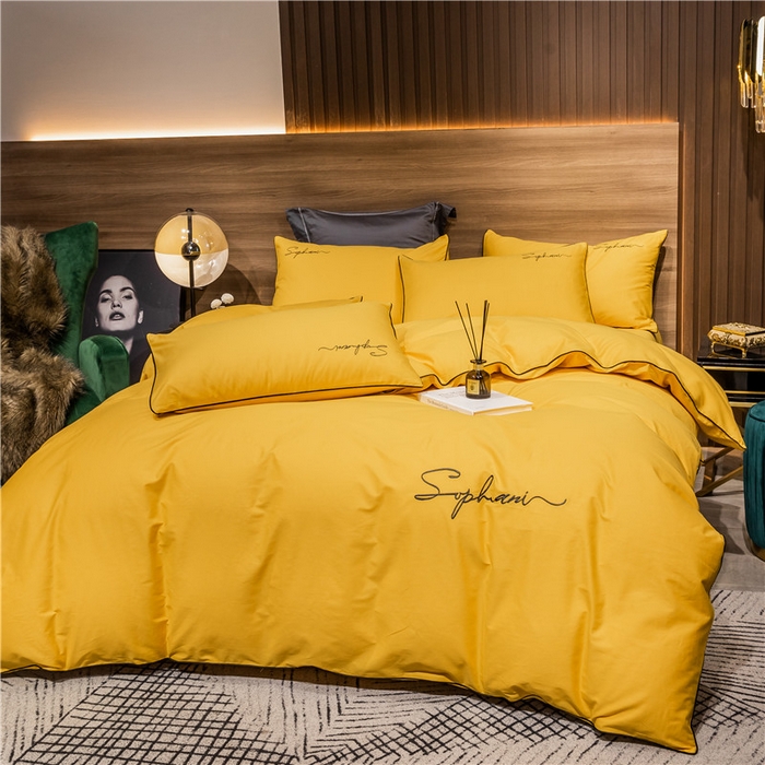 91家纺网 家纺一手货源 找家纺 小叮当家纺仓储工厂店 2025新款(热买家秀不断货)40s贡缎长绒棉纯棉字母款全棉四件套轻奢床上用品 姜黄