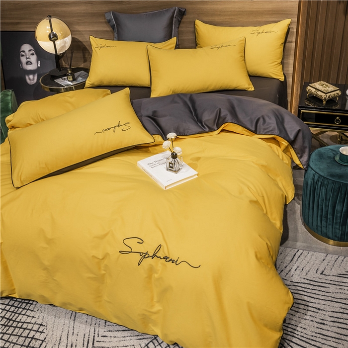 91家纺网 家纺一手货源 找家纺 小叮当家纺仓储工厂店 2025新款(热买家秀不断货)40s贡缎长绒棉纯棉字母款全棉四件套轻奢床上用品 姜黄灰