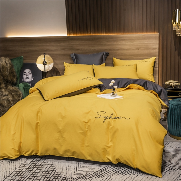 91家纺网 家纺一手货源 找家纺 小叮当家纺仓储工厂店 2025新款(热买家秀不断货)40s贡缎长绒棉纯棉字母款全棉四件套轻奢床上用品 姜黄灰