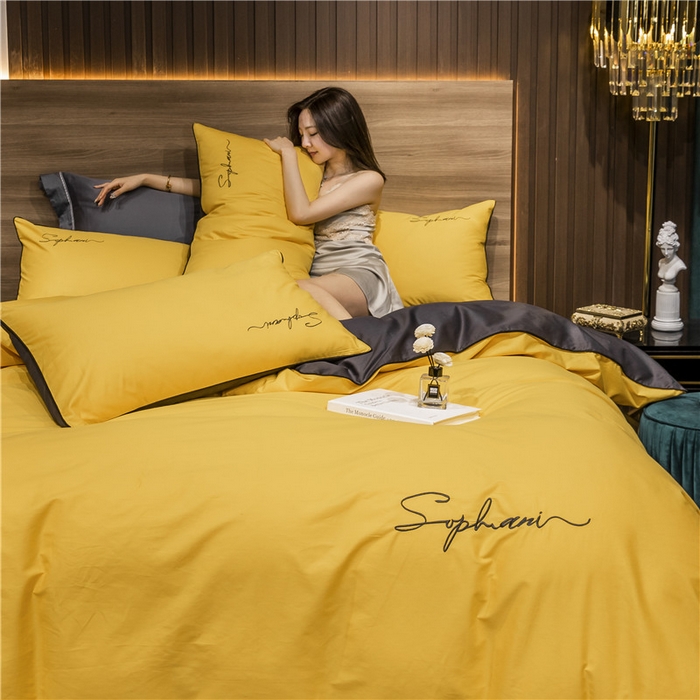 91家纺网 家纺一手货源 找家纺 小叮当家纺仓储工厂店 2025新款(热买家秀不断货)40s贡缎长绒棉纯棉字母款全棉四件套轻奢床上用品 姜黄灰