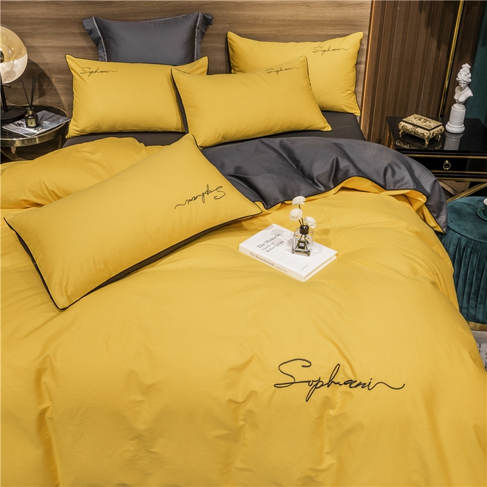 91家纺网 家纺一手货源 找家纺 小叮当家纺仓储工厂店 2025新款(热买家秀不断货)40s贡缎长绒棉纯棉字母款全棉四件套轻奢床上用品 姜黄灰