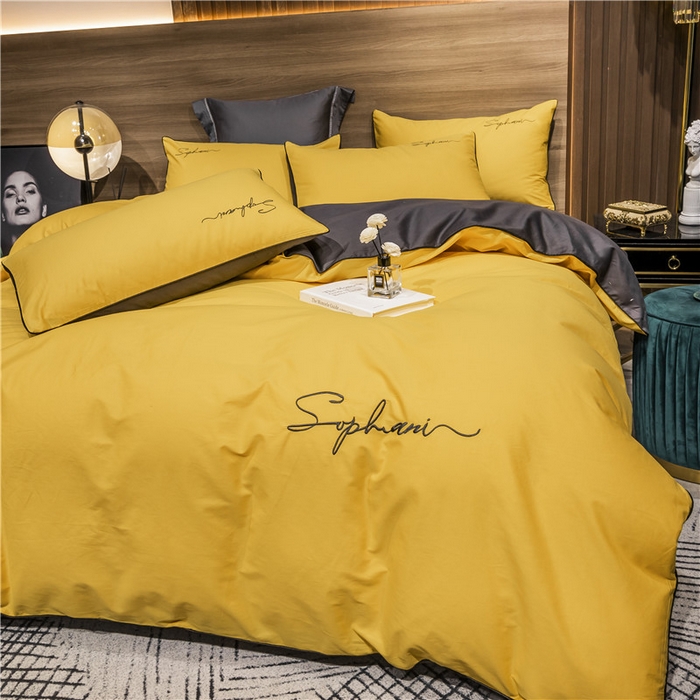 91家纺网 家纺一手货源 找家纺 小叮当家纺仓储工厂店 2025新款(热买家秀不断货)40s贡缎长绒棉纯棉字母款全棉四件套轻奢床上用品 姜黄灰