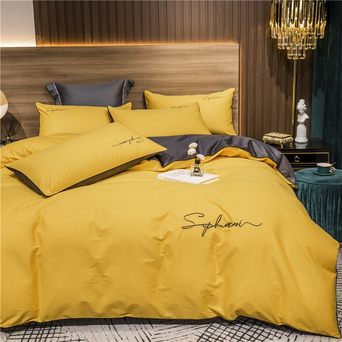 91家纺网 家纺一手货源 找家纺 小叮当家纺仓储工厂店 2025新款(热买家秀不断货)40s贡缎长绒棉纯棉字母款全棉四件套轻奢床上用品 姜黄灰