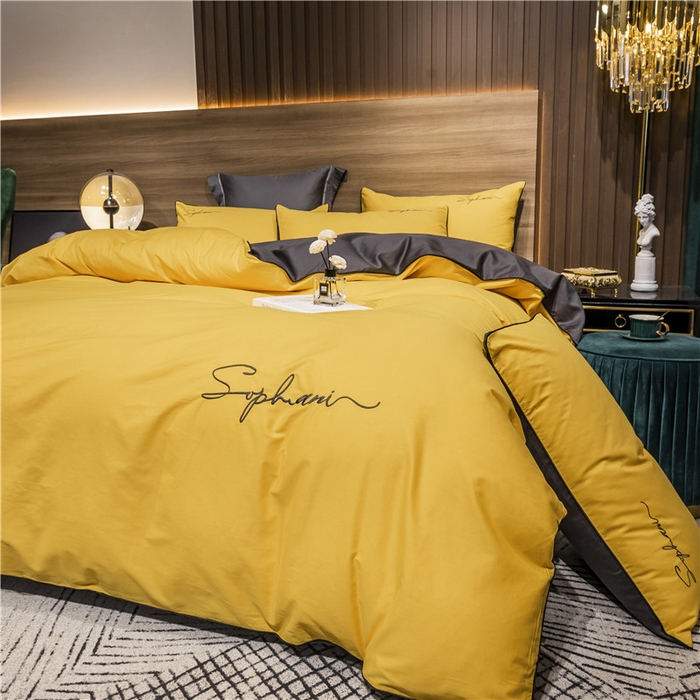 91家纺网 家纺一手货源 找家纺 小叮当家纺仓储工厂店 2025新款(热买家秀不断货)40s贡缎长绒棉纯棉字母款全棉四件套轻奢床上用品 姜黄灰