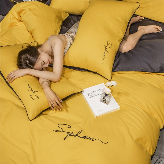 91家纺网 家纺一手货源 找家纺 小叮当家纺仓储工厂店 2025新款(热买家秀不断货)40s贡缎长绒棉纯棉字母款全棉四件套轻奢床上用品 姜黄灰